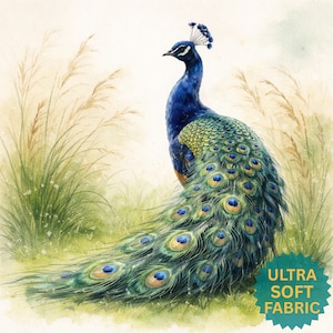 May include: A watercolour painting of a peacock, predominantly blue and green, with yellow accents in its tail feathers. The peacock is set against a backdrop of tall grasses. The text "ULTRA SOFT FABRIC" is in a green starburst.