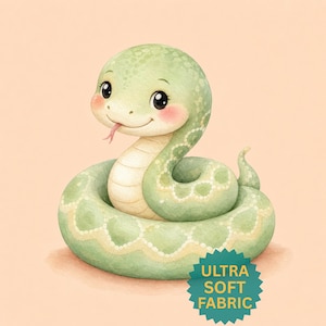 May include: A light green cartoon snake illustration with large black eyes, pink cheeks, and a small pink tongue. The snake is coiled in a circle with a cream-coloured underbelly and a white scale pattern. A teal starburst badge reads ULTRA SOFT FABRIC.