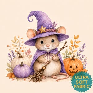 May include: A watercolour illustration of a mouse wearing a purple witch hat with a gold star and a matching purple cape. The mouse holds a small wooden broomstick. Beside the mouse are a white pumpkin, a purple pumpkin, and a jack-o'-lantern.
