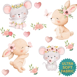 Little Bunny Mouse Pink Pattern Fabric (Cotton Pima) Watercolor Baby Nursery Decor Bedding