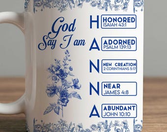 Personalized Christian Name Mug, God Says I Am Custom Coffee Cup with Bible Verses & Floral Toile De Jouy Design, Birthday Gifts for Beties