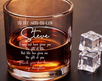 Personalized Son In Law Whiskey Glass Gift From Mom, Engraved Bourbon Rocks Glass for Men, Thank You For Loving My Daughter, Barware Gift