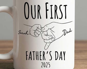 Personalized First Father’s Day Mug from Mom with Kids Names, Gift for New Dad, Father's Day Gifts, Hand-Holding Mug for Husband, Daddy, Dad