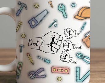 Personalized Dad Mug, Fist Bump Design with Kid’s Name, Birthday, Father’s Day Gift for Husband, Grandpa, Papa from Wife, Daughter or Son