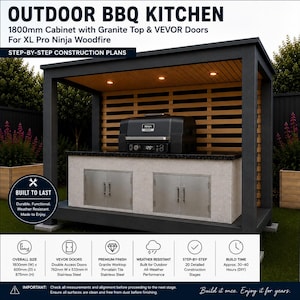 Peut inclure: Un plan de construction de cuisine d'extérieur pour barbecue avec un meuble de 1800 mm, un plan de travail en granit et des portes en acier inoxydable VEVOR pour un XL Pro Ninja Woodfire, incluant des spécifications et 20 étapes de montage.