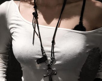Vintage Ankh Necklace, Gothic Cross Pendant, Stainless Steel Punk Chain, Unisex Jewelry
