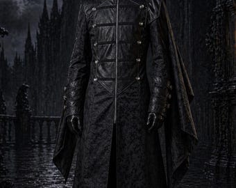 Cappotto gotico militare medievale da uomo, mantello trench vittoriano con cappuccio, giacca lunga steampunk, capospalla rinascimentale nero, moda dark fantasy