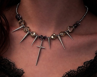 Collana girocollo gotica con croce e punte, gioielli alternativi con perline di cristallo