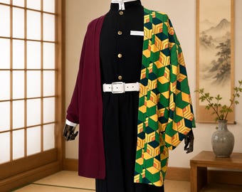 Giyu Tomioka Cosplay Costume | Demon Slayer Uniform Outfit | Kimetsu no Yaiba Anime Cosplay | Giyu Haori Costume Set