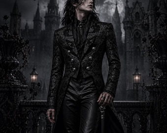 Frac da uomo medievale in jacquard nero – Giacca da smoking gotica vittoriana, cappotto da matrimonio steampunk, costume da vampiro, blazer formale rinascimentale