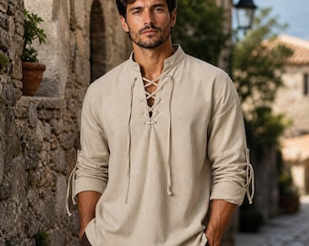 Men's Viking Tunic Shirt, Medieval Renaissance Lace-Up Top, Norse Warrior Cosplay Costume