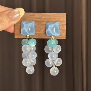 Ocean Blue Water Ripple Drop Earrings, Translucent Bubble Bead Cluster Dangle, Sea Glass Style Summer Jewelry, Aesthetic Gift for Her