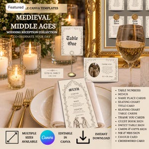 Puede incluir: Una colección de papelería para recepción de bodas editable con temática medieval, que incluye menú, número de mesa, tarjeta de nombre y tarjeta de agradecimiento con tipografía gótica e ilustraciones de líneas sobre papel crema.