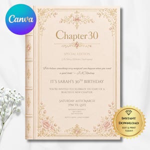 Convite de aniversário de 30 anos, modelo editável do Canva, convite literário para mulheres que completam 30 anos, capa de livro vintage, rosa blush (Download Digital)