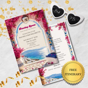 Peut inclure: Un ensemble d'invitations pour enterrement de vie de jeune fille avec une scène côtière méditerranéenne, des bougainvilliers roses, une boule à facettes et des lunettes en forme de cœur avec l'inscription Bride To Be. Texte Dancing Queen et Itinerary.