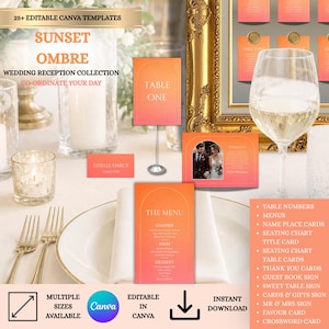 May include: A wedding reception stationery collection featuring a sunset ombre gradient design. The set includes table numbers, menus, name place cards, and thank you cards with arched frames. Text includes 25+ EDITABLE CANVA TEMPLATES, SUNSET OMBRE WEDDING RECEPTION COLLECTION, TABLE ONE, THE MENU, and a list of various card types.