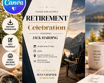 Uitnodiging voor een afscheidsfeest in marineblauw en goud voor mannen, bewerkbare Canva-sjabloon, nieuw hoofdstuk, moderne printbare uitnodiging, digitale download