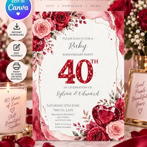 Ruby Wedding Anniversary Invitation, 40th anniversary invite, red floral, editable Canva template, modern elegant (Digital Download)