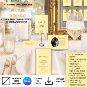 May include: A butter yellow wedding reception stationery collection featuring editable Canva templates. Includes table numbers, menus, name place cards, a seating chart, thank you cards, and various signs with black text on a light yellow background.