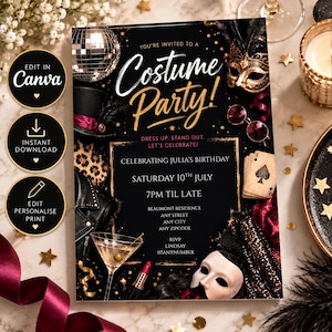 Einladung zur Kostümparty für Erwachsene, bearbeitbare Canva-Vorlage in Schwarz und Gold, Maskerade, Kostümparty, luxuriöse Einladung (Digitaler Download)