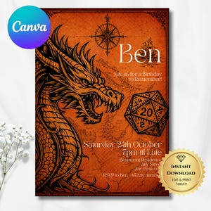 Dungeons and Dragons birthday invitation, editable Canva template, dragon map design, DnD party invite, fantasy medieval (Digital Download)