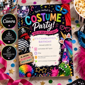 Uitnodiging voor kinderfeestje, leuke uitnodiging voor een verkleedfeestje, bewerkbare Canva-sjabloon, verjaardagsuitnodiging voor verkleedpartij voor kinderen (digitale download)