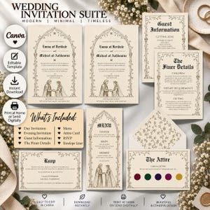 Könnte beinhalten: Ein Hochzeitseinladungs-Set auf cremefarbenem Papier mit schwarzem Text im gotischen Stil und detaillierten Torbogen-Illustrationen. Das Set enthält eine Einladung, ein Menü, eine RSVP-Karte, Gäste-Informationen und eine Kleiderordnung, verziert mit floralen Rändern.
