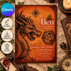 Dungeons & Dragons Geburtstagseinladung, bearbeitbare Canva-Vorlage, Drachenkarten-Design, DnD-Partyeinladung, Fantasy-TTRPG (Digitaler Download)