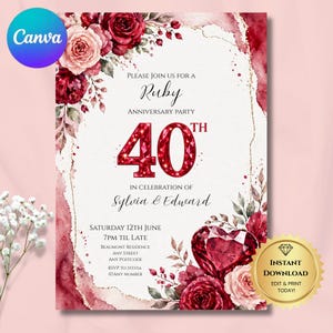 Ruby Wedding Anniversary Invitation, 40th anniversary invite, red floral, editable Canva template, modern elegant (Digital Download)