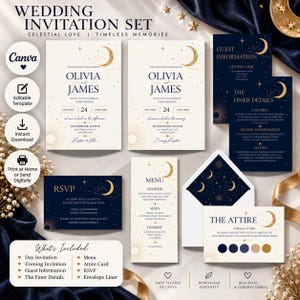Celestial wedding invitation suite, cream navy blue & gold, moon and stars, editable Canva template, RSVP, wedding details, Digital Download