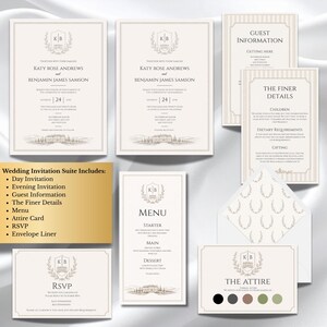 Country Estate wedding invitation suite, monogram crest invites, editable Canva template, RSVP, menu, wedding details, Digital Download