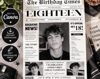 18th birthday newspaper invitation, black photo editorial invite for men, Editable template, trendy eighteenth invite, Digital Download