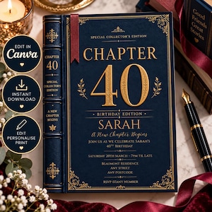 Chapter 40, 40th birthday invitation, editable Canva template, vintage book cover 40th party invite, navy & gold, Bookish, Digital Download
