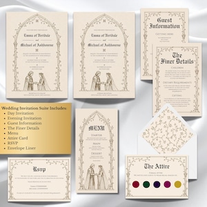 Peut inclure: Un ensemble de faire-part de mariage sur papier crème avec du texte noir de style gothique et des illustrations d'un couple sous une arche. Le lot comprend une invitation de jour, de soirée, des informations, un menu, une carte de tenue, un RSVP et une doublure.