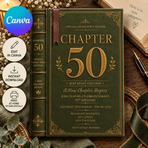 Chapter 50, 50th birthday invitation, editable Canva template, vintage book cover party invite, olive green & gold, bookish Digital Download