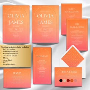 May include: A wedding invitation suite featuring an orange and pink gradient background with gold arched borders. The set includes invitations for Olivia and James, guest information, finer details, a menu, an RSVP card, an attire card, and an envelope liner with a gold geometric pattern. Text is printed in white and gold.