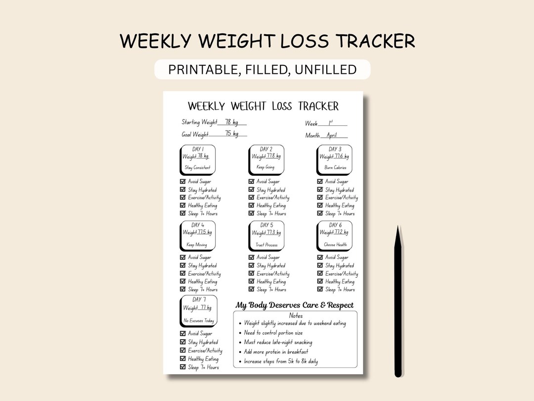 Weekly Weight Loss Tracker Printable | Journal Page Fitness Planner PDF ...