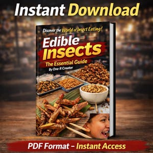 May include: The cover of a book titled "Edible Insects" with images of cooked insects. The cover also includes the text "Discover the World of Insect Eating!" and "The Essential Guide." The words "Instant Download" and "PDF Format - Instant Access" are also visible on the cover.