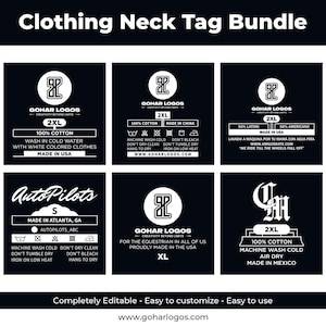 Puede incluir: Un conjunto de etiquetas para ropa en blanco y negro. Cada etiqueta incluye el logotipo "Gohar Logos", información de tallas e instrucciones de cuidado. Algunas etiquetas también incluyen el texto "Made in USA", "Made in China" o "Made in Mexico".