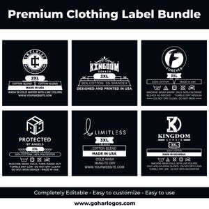 Op de afbeelding: Een zwarte afbeelding met een "Premium Clothing Label Bundle" met zes verschillende labelontwerpen. Elk label bevat tekst zoals "Cotton Blend", "Made in USA" en wasvoorschriften. De labels zijn eenvoudig aan te passen.
