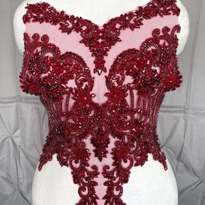Burgundy  / Wine Red Handmade Rhinestone  Appliqué – Bridal Bodice Embroidery for Wedding Dress, Prom, Patch