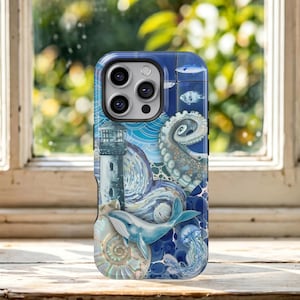May include: A smartphone case featuring a blue-toned collage of marine life and nautical elements, including a lighthouse, a whale, an octopus tentacle, a jellyfish, a seashell, and small fish against a swirling, wave-patterned background.