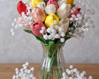 Real Touch Tulip Centerpiece, Faux Floral Bouquet in Vase, Spring Summer Table Decor, Housewarming Gift for Her