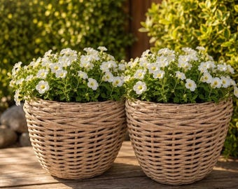 Set med 2 konstgjorda rottingkrukor 5L, väderbeständiga blomkrukor för utomhusbruk, konstrottingträdgårdsdekor, vävda uteplats-balkongkrukor