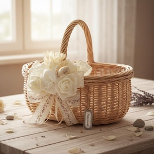 May include: A woven wicker basket with a curved handle, decorated with white fabric flowers and a lace ribbon. A small tag that says "Homemade" hangs from the basket. The basket sits on a wooden table.