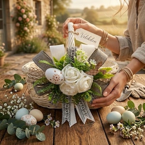 White Wicker Easter Basket with Grey Bow, Ukrainian Woven Centerpiece, Farmhouse Spring Flower Basket, Contry Kitchen Decor, Ethno Style