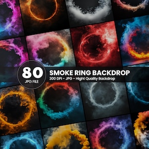 Könnte beinhalten: Eine digitale Kunstsammlung mit 80 Rauchring-Hintergründen in verschiedenen Farben, darunter Rosa, Orange, Blau und Rot. Das Bild enthält den Text "80 JPG FILE" und "SMOKE RING BACKDROP".