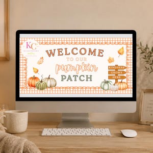 Puede incluir: Un monitor de computadora que muestra un gráfico digital con un borde de cuadros naranja. El texto dice WELCOME TO OUR pumpkin PATCH y KINDNESS GROWS HERE en un letrero de madera. El diseño presenta varias calabazas y hojas de otoño.
