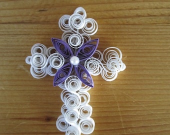 Special Order Quilled White Cross with Flower and Pearl Pin for Easter