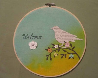 Fabric on Embroidery Hoop Welcome Hanging Sign with Bird on Branch